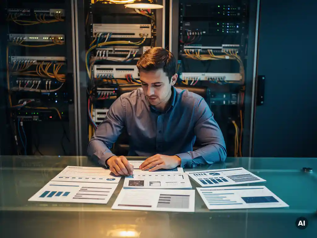Netwerkingenieur bestudeert infrastructuurkostenrapport aan glazen vergadertafel, enterprise switches en kabels zichtbaar op achtergrond.
