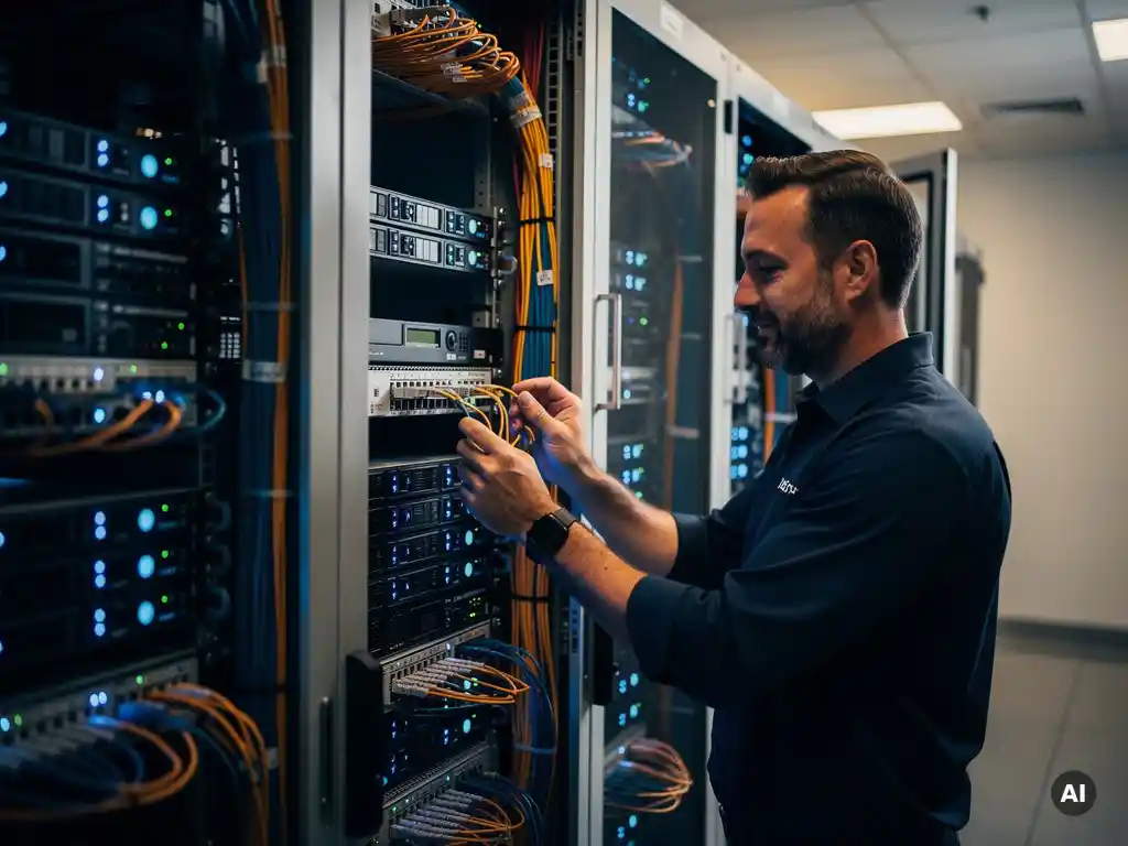 Netwerkingenieur patcht glasvezelkabels in een actief serverrek in een professioneel datacenter met blauwe indicatielampjes.
