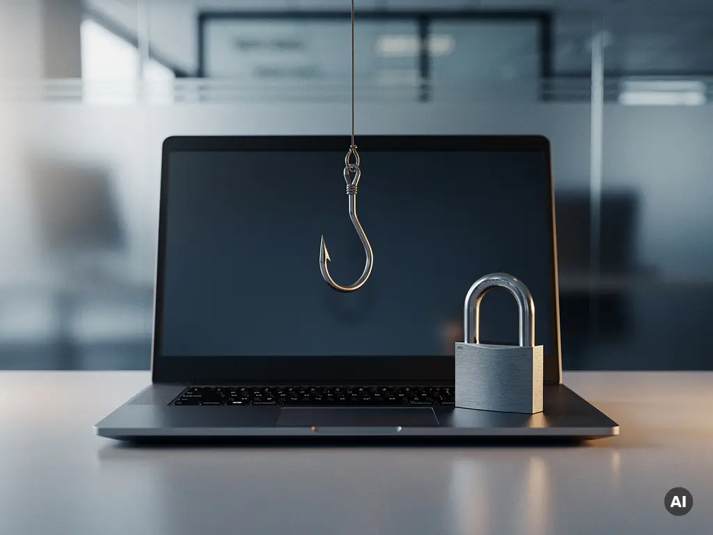 Phishing-haak boven een zakelijke laptop op kantoorbureau, met fysiek hangslot naast het toetsenbord als symbool van digitale beveiliging.