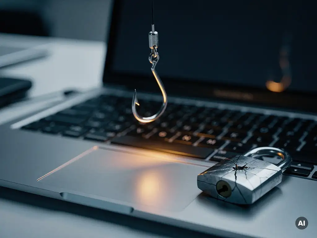 Phishing-haak boven een zakelijk laptoptoetsenbord met een gebarsten hangslot, symboliseert cyberdreigingen in een kantooromgeving.