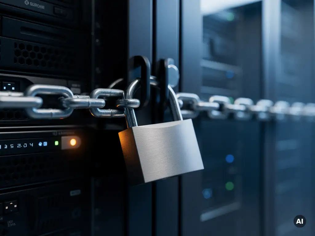 Stalen hangslot met zware ketting om een serverrack in een beveiligd datacenter, blauw omgevingslicht.