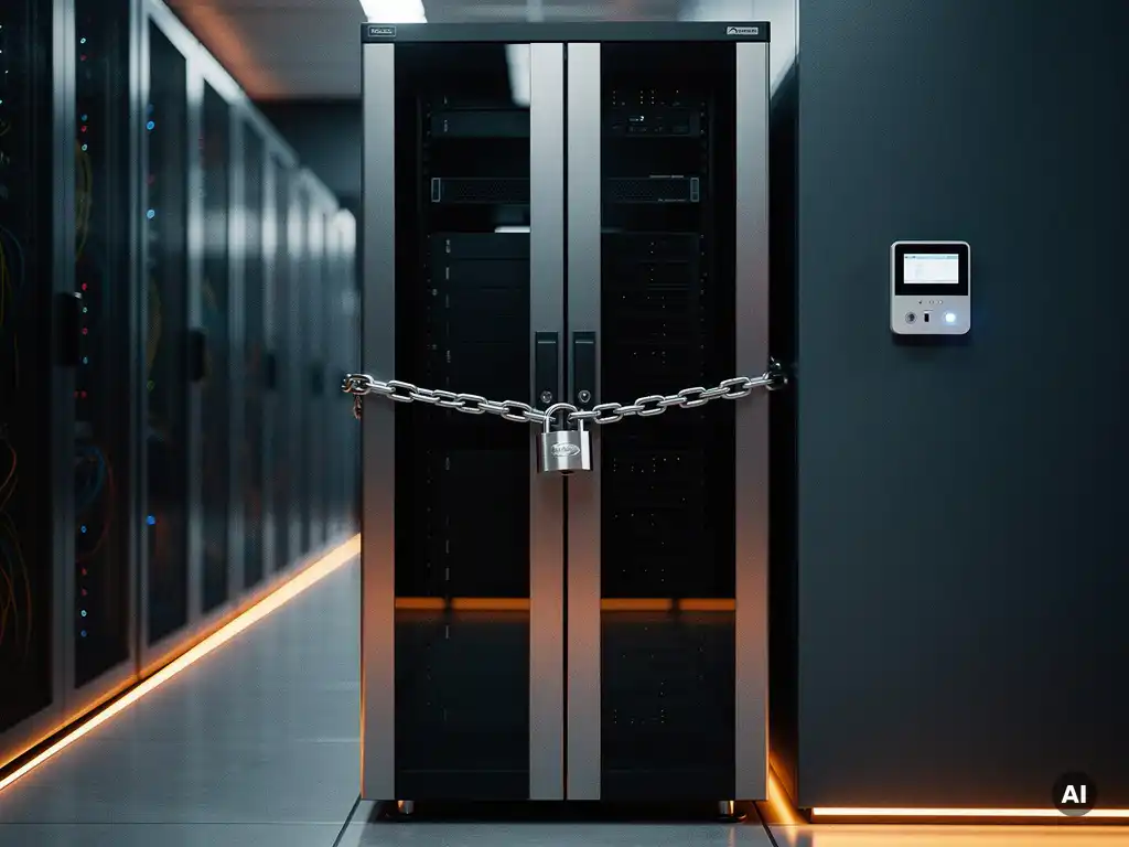 Serverrack in datacenter beveiligd met hangslot en ketting, naast een toegangspaneel met keycard, staalblauwe en antraciet tinten.
