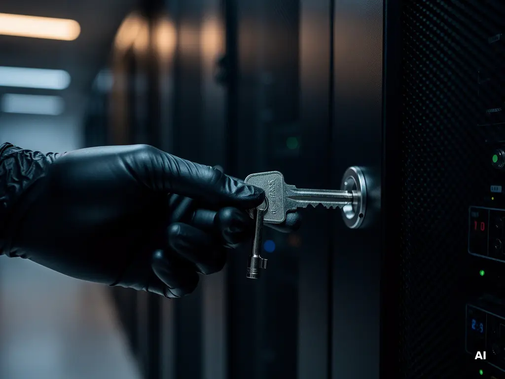 Gehandschoende hand die een sleutel uit een serverrack trekt in een donkere datacentergang met stalen blauwe tinten.