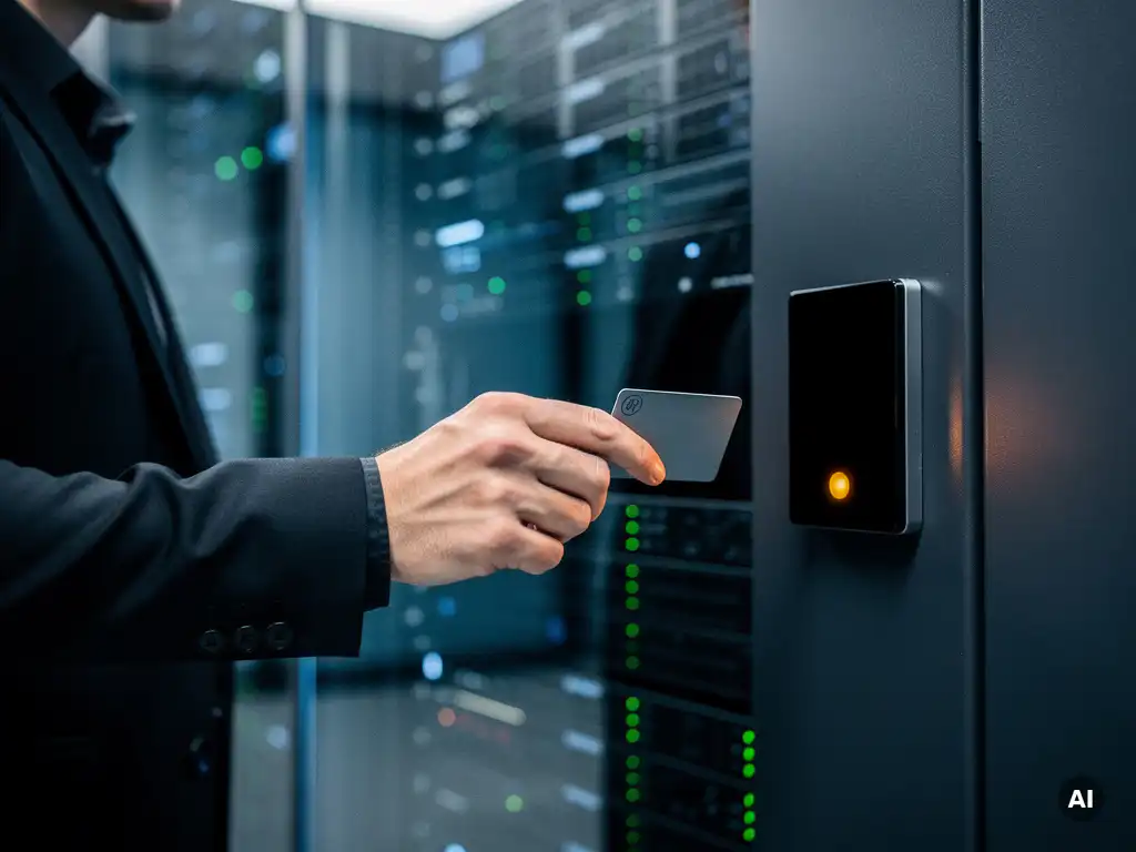 Professional die keycard scant bij elektronische deurlezer van serverruimte, rijen rack-servers zichtbaar door versterkt glas.