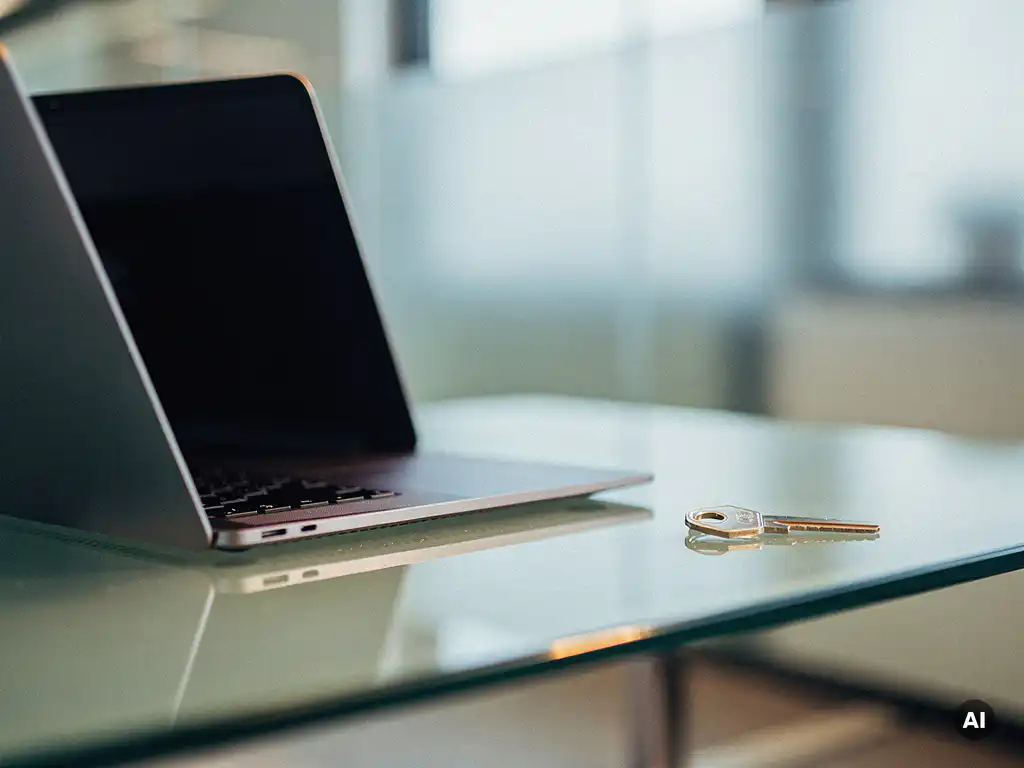 Laptop op glazen bureau naast een fysieke sleutel zonder bijpassend slot, symbool voor wachtwoordloze toegang in moderne werkomgeving.