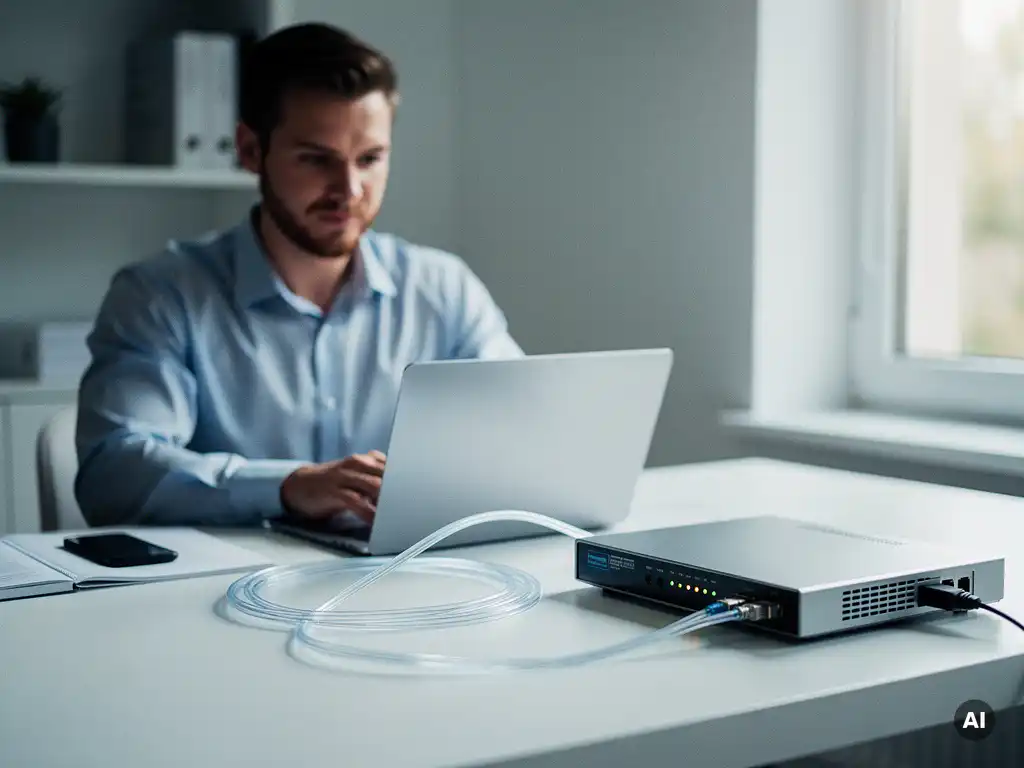 Professional werkt op laptop aan thuiswerkplek met enterprise-router en fiber-optische kabel in strak, lichtrijk kantoor.