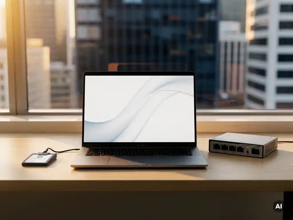 Laptop op thuiswerkbureau naast beveiligingsbadge en netwerkswitch, met modern kantoor zichtbaar door raam op de achtergrond.
