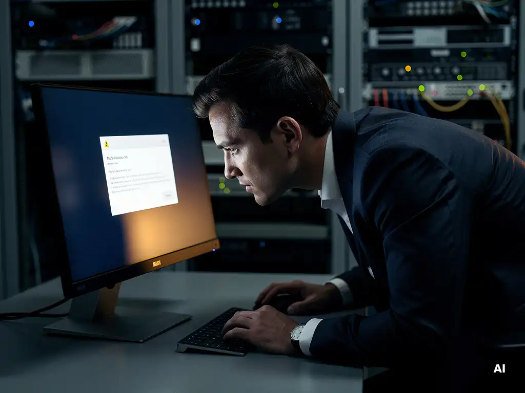 Kantoormedewerker onderzoekt verdachte phishing-e-mail op monitor in professionele IT-werkomgeving.