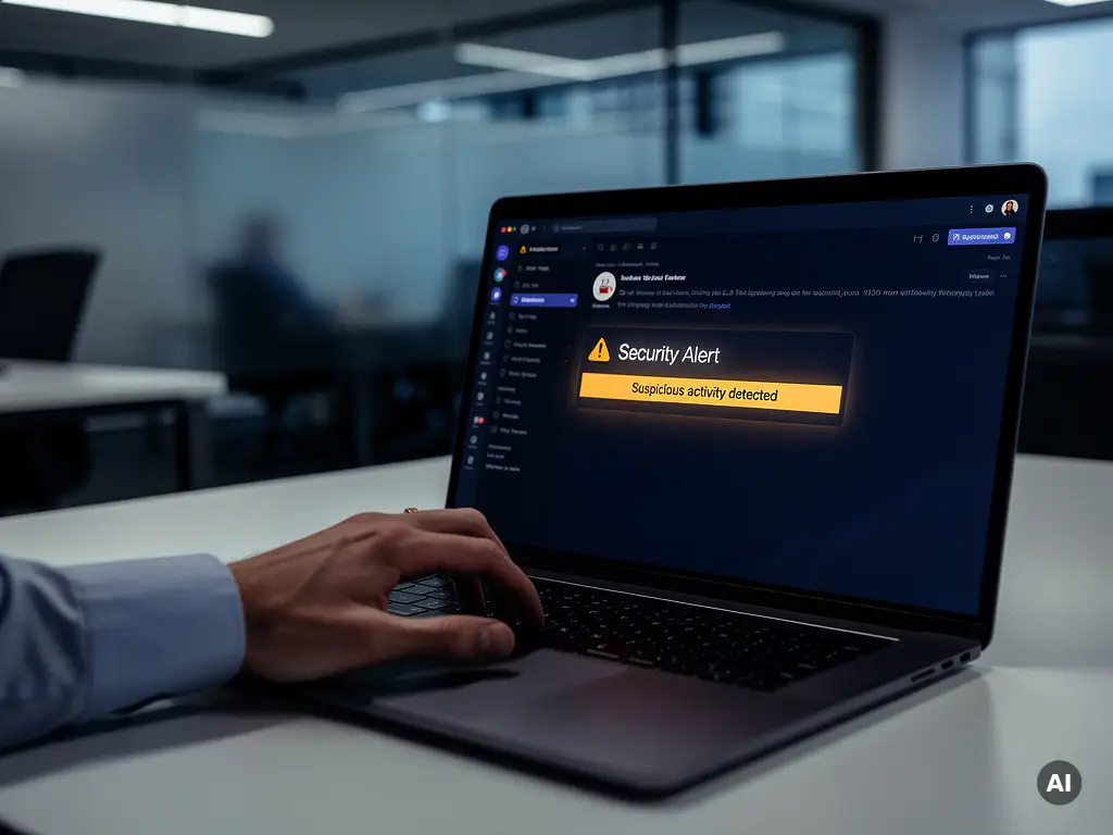 Hand die aarzelt boven laptoptoetsenbord met verdachte e-mail op scherm in modern kantoor met glazen wanden.