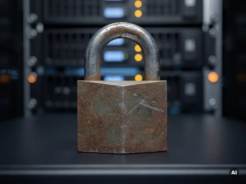 Verroeste zware hangslot op een donkere serverrack in een modern datacenter, symboliseert verouderde IT-beveiliging.