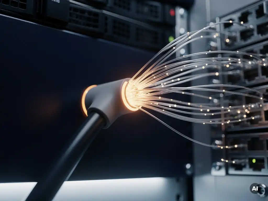 Glasvezelkabel die vertakt in meerdere beveiligde netwerkpaden en convergeert in één lichtgevend knooppunt op een serverrack.