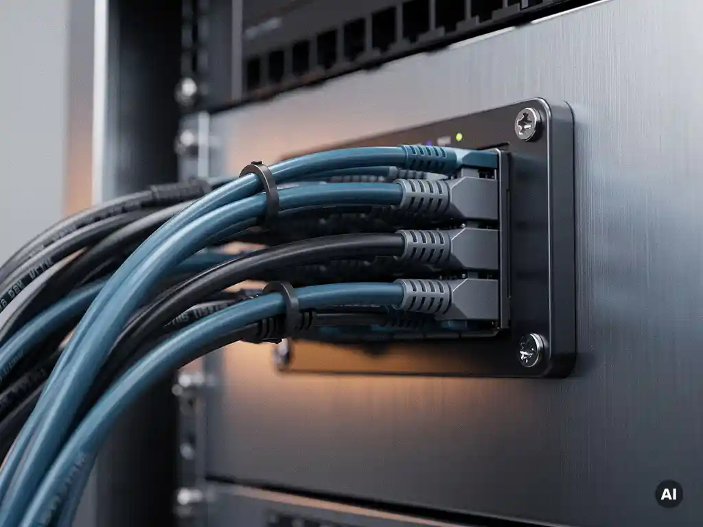 Vezeloptische kabels die samenkomen in een georganiseerde aansluitdoos op een stalen serverrack, verlicht met warm barnsteengeel accent.
