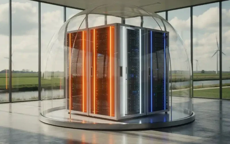 Nederlandse serverruimte met oranje, wit en blauwe LED-verlichting onder beschermende koepel in modern datacenter met uitzicht op Nederlands landschap
