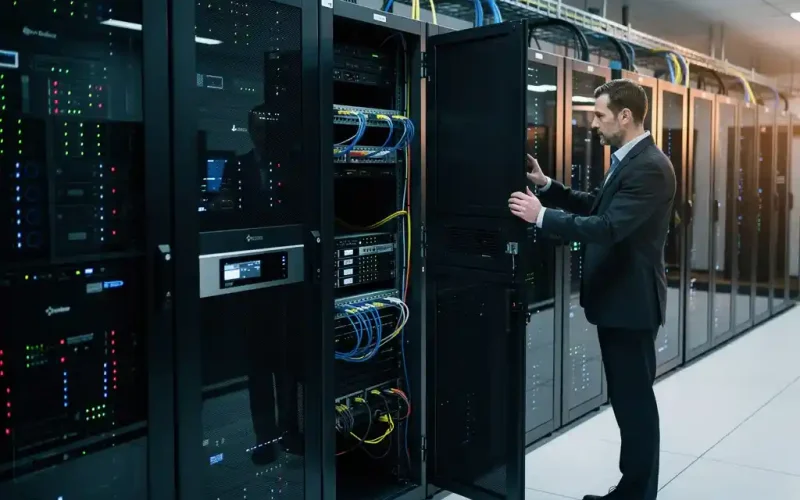 IT-consultant controleert servertorens in professioneel datacenter met georganiseerde bekabeling en LED-indicatoren
